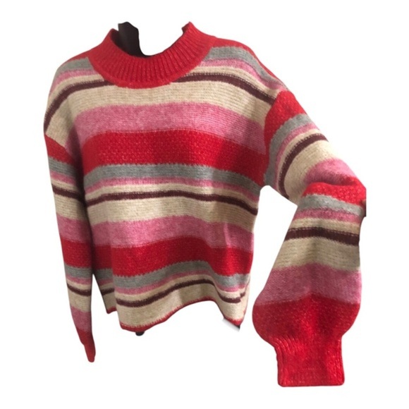 Jessica Simpson pink multi‎ striped fuzzy high crewneck sweater size small new - Picture 10 of 15